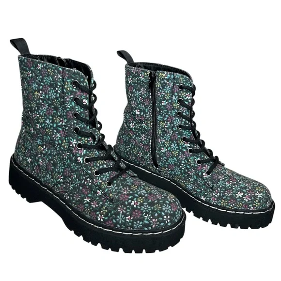 Sincerely Jules Harley Chunky Floral Lace-Up Canvas Combat Chic Boot 7.5 - Picture 1 of 16